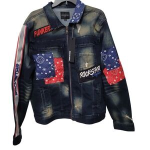 NWT Rockstar Original Mens Denim Jacket Bandana Patches Distressed Blue XL
